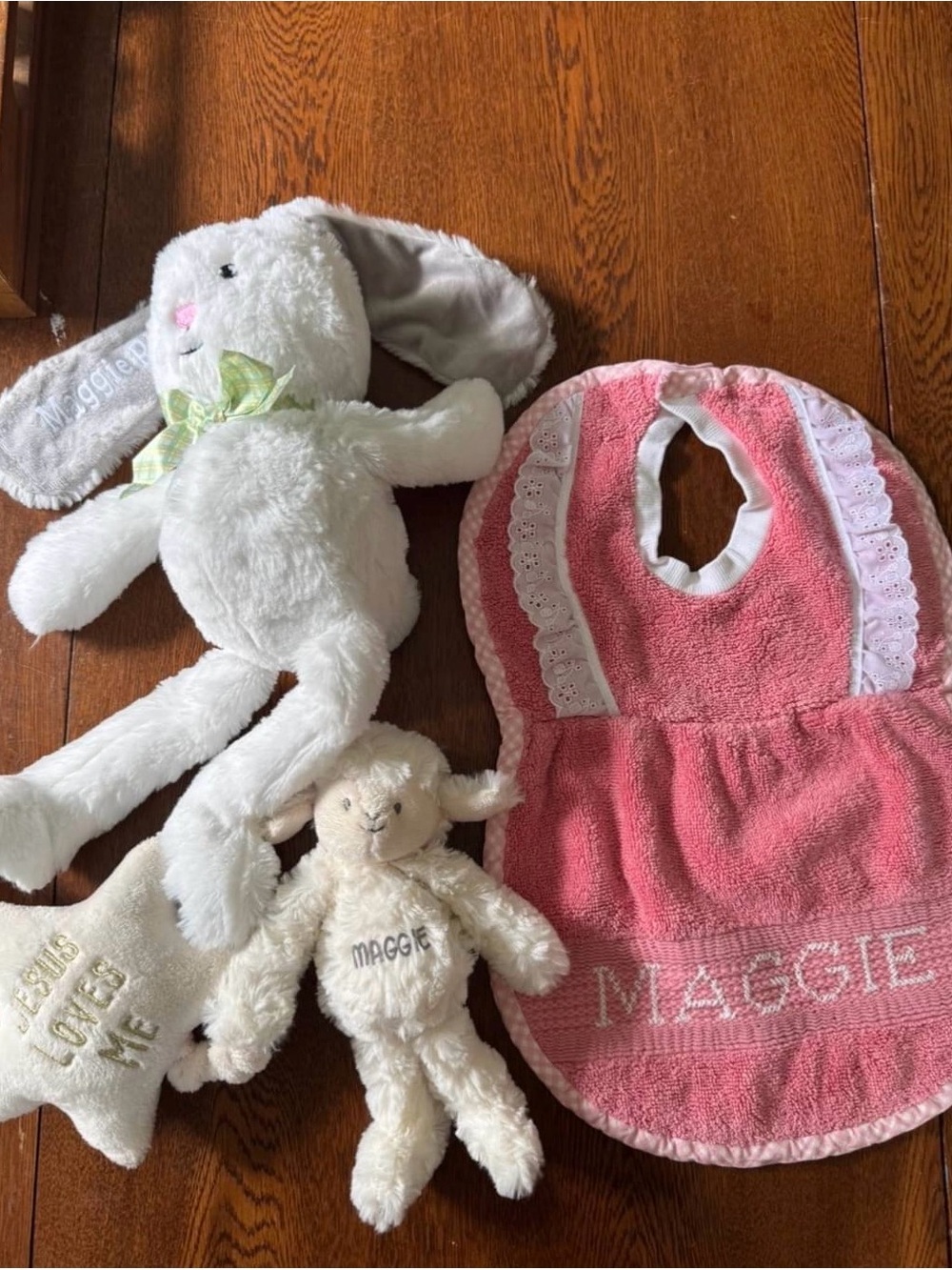 • BUNDLE of Personalized “Maggie” Baby Items • Pink Baby Bib & Plush Bunny Set •